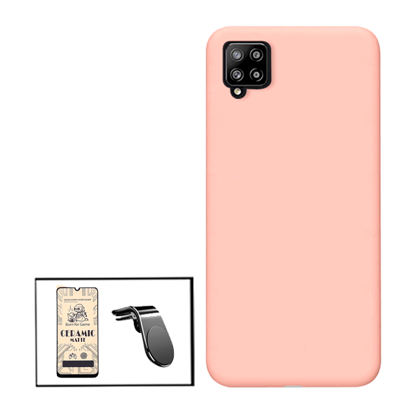 Kit Vidro Temperado Ceramica Full Cover + Capa Proteção Traseira Silicone + Suporte de Carro Magnético L para Samsung Galaxy M42 5G - Rosa