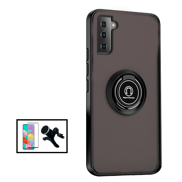 Kit Capa Traseira Anti Choque Fumada Com Anel Magnético + Película de Vidro Temperado GorilasGlass + Suporte Magnético Com Pernas para Samsung Galaxy S22+ 5G