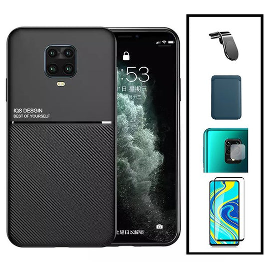 Kit Capa Traseira Magnética Anti Choque + Carteira Magnetica Azul + Película de Vidro Temperado GorilasGlass + Película Protectora para Câmara Traseira + Suporte de Carro Magnético L para Xiaomi Redmi Note 10 Lite