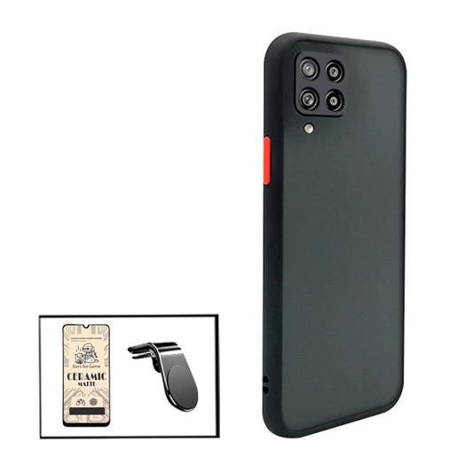 Kit Capa Traseira Proteção Camara + Vidro Temperado Ceramica Full Cover + Suporte de Carro Magnético L para Samsung Galaxy A12 - Preto