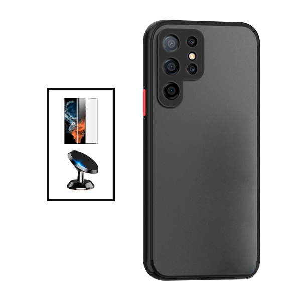 Kit Capa Traseira Proteção Camara + Película de Vidro Temperado GorilasGlass Curvado + Suporte Magnético para Samsung Galaxy S22 Ultra 5G - Preto