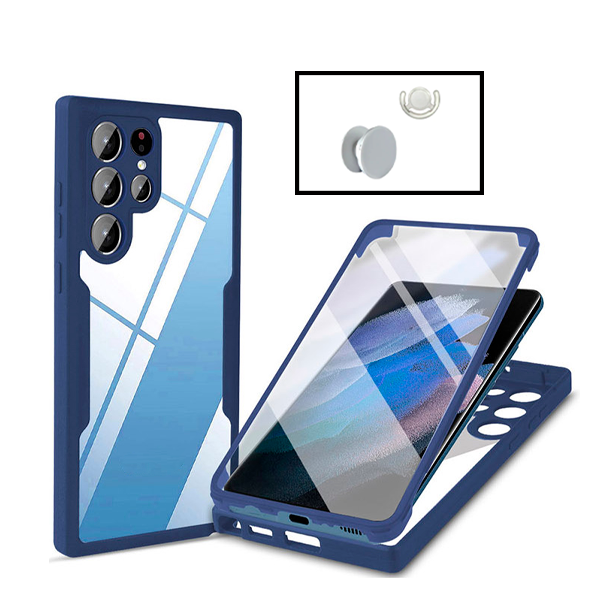 Kit Capa 360° Proteção Frente e Verso + 1 HandHolder + 1 Suporte HandHolder Branco para Samsung Galaxy S22 Ultra 5G - Azul Escuro