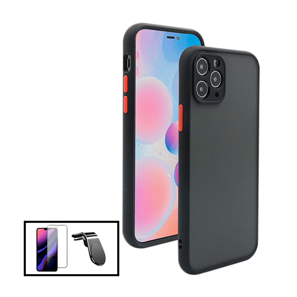 Kit Capa Traseira Proteção Camara + Película de Vidro Temperado GorilasGlass + Suporte de Carro Magnético L para iPhone 13 Pro Max - Preto