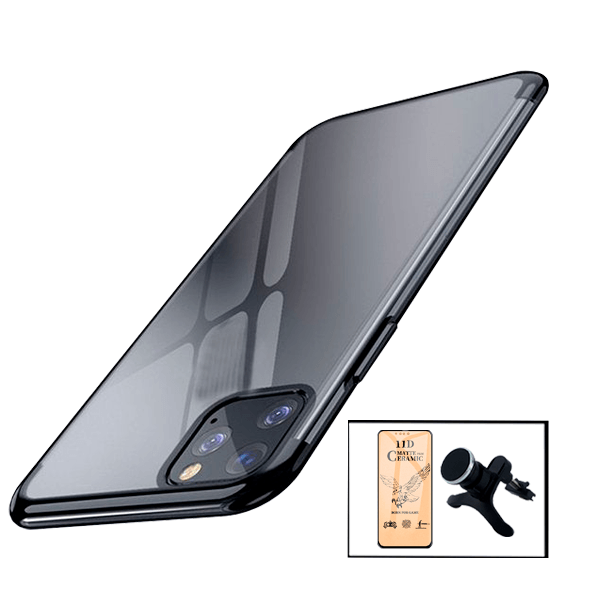 Kit Vidro Temperado Ceramica Full Cover + Capa Proteção Traseira Super Slim + Suporte Magnético Com Pernas para iPhone 13 - Preto