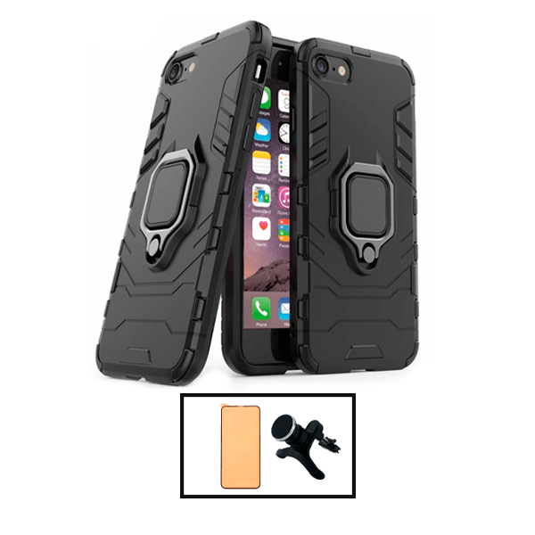 Kit Vidro Temperado Ceramica Full Cover + Capa de Proteção Militar Magnética + Suporte Magnético Com Pernas para Apple iPhone SE 2022 - Preto