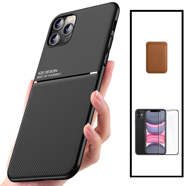 Kit Capa Traseira Magnética Anti Choque + Carteira Magnética Castanho + Película de Vidro Temperado GorilasGlass para Xiaomi Mi 11 Lite