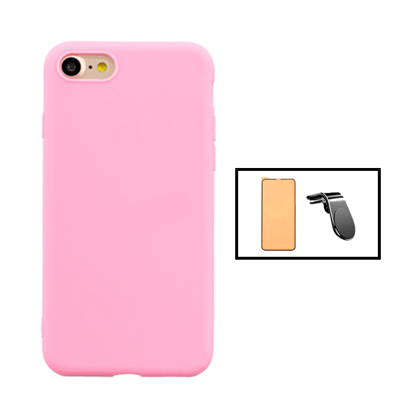 Kit Vidro Temperado Ceramica Full Cover + Capa Silicone Líquido + Suporte de Carro Magnético L para Apple iPhone SE 2022 - Rosa