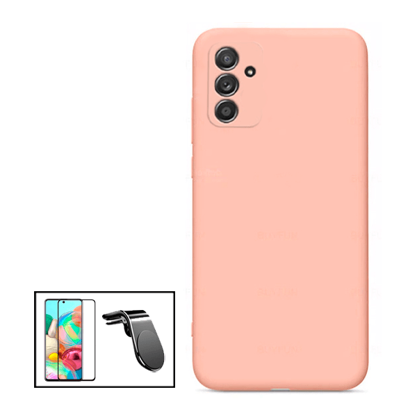 Kit Película de Vidro Temperado GorilasGlass + Capa Proteção Traseira Silicone + Suporte de Carro Magnético L para para Samsung Galaxy M52 5G - Rosa