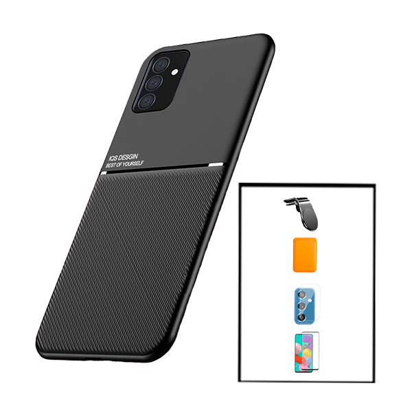 Kit Capa Traseira Magnética Anti Choque + Carteira Magnética Laranja + Película de Vidro Temperado GorilasGlass + Película Protectora para Câmara Traseira + Suporte Magnético L para Samsung Galaxy M52 5G