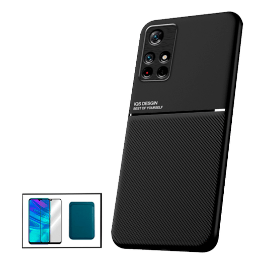 Kit Capa Traseira Magnética Anti Choque + Carteira Magnética azul + Película de Vidro Temperado GorilasGlass para Xiaomi Poco M4 Pro 5G