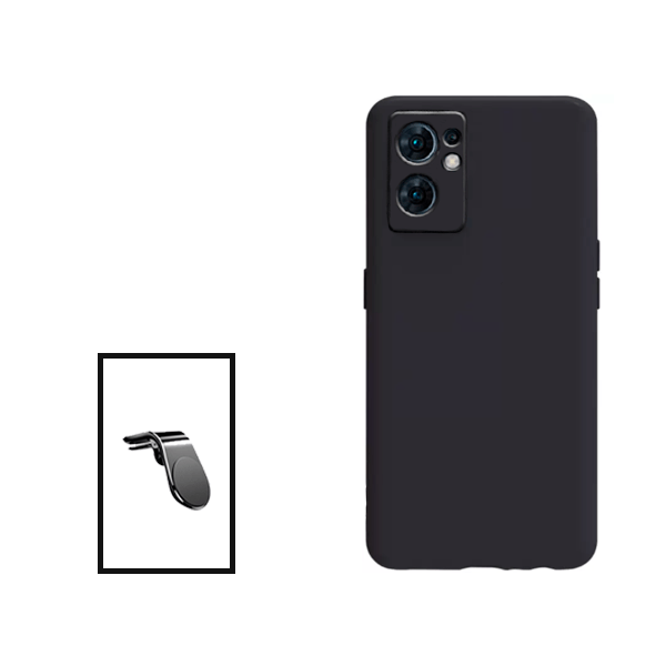 Kit Suporte de Carro Magnético L + Capa Proteção Traseira Silicone para Oppo Reno7 5G - Preto