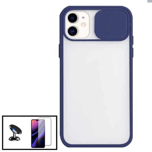 Kit Capa Proteção Camara Deslizante + Película de Vidro Temperado GorilasGlass + Suporte Magnético para Apple iPhone SE 2022 - Azul Escuro