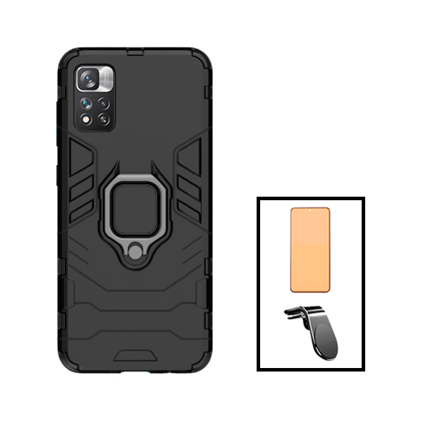 Kit Vidro Temperado Ceramica Full Cover + Capa de Proteção Militar Magnética + Suporte de Carro Magnético L para Xiaomi Poco X4 NFC - Preto