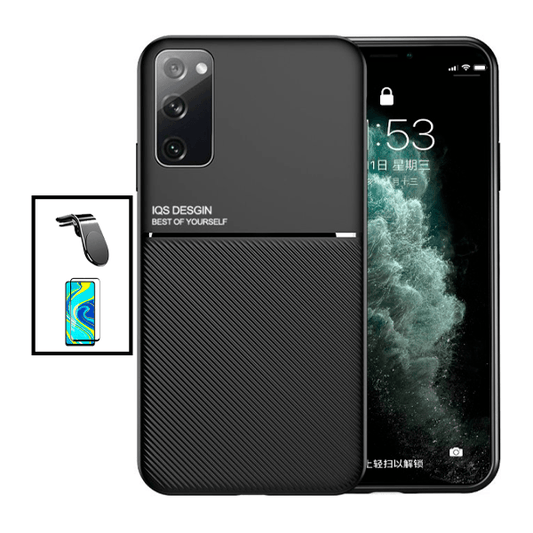 Kit Capa Traseira Magnética Anti Choque + Película de Vidro Temperado GorilasGlass + Suporte de Carro Magnético L para Samsung Galaxy S20 FE 2022 - Preto