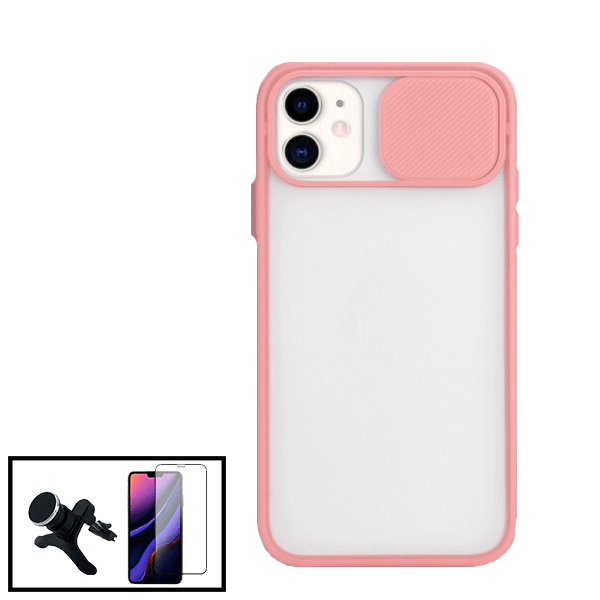 Kit Capa Proteção Camara Deslizante + Película de Vidro Temperado GorilasGlass + Suporte Magnético Com Pernas para Apple iPhone SE 2022 - Rosa