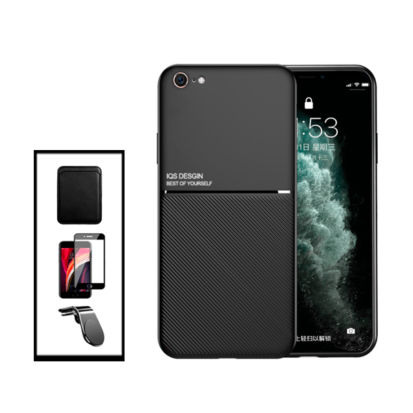 Kit Capa Traseira Magnética Anti Choque + Carteira Magnetica Preto + Película de Vidro Temperado GorilasGlass + Suporte de Carro Magnético L para Apple iPhone SE 2022 - Preto