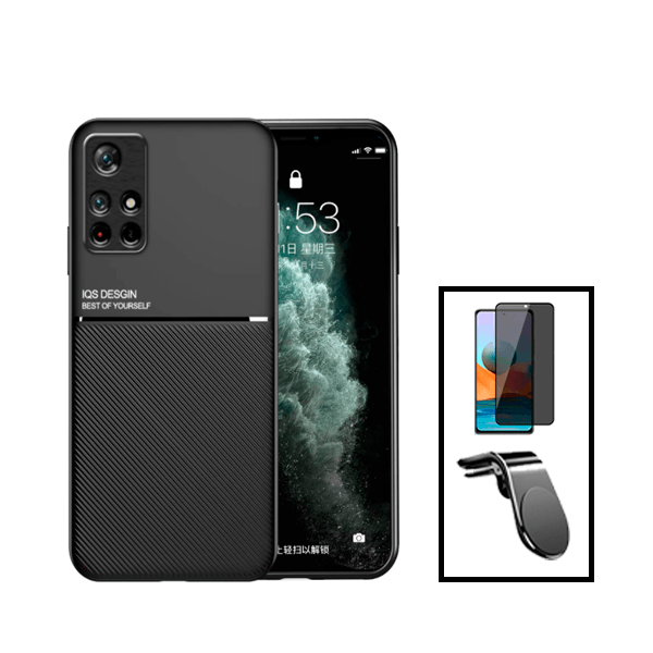 Kit Capa Traseira Magnética Anti Choque + Película de Vidro Temperado Privacidade + Suporte Magnético L para Xiaomi Redmi Note 11S - Preto