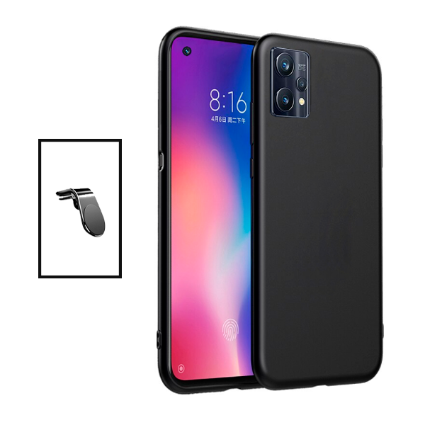 Kit Suporte de Carro Magnético L + Capa Proteção Traseira Silicone para Realme 9 Pro Plus - Preto