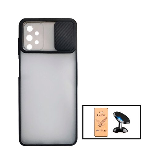 Kit Capa Proteção Camara Deslizante + Vidro Temperado Ceramica Full Cover + Suporte Magnético para Samsung Galaxy A52 - Preto