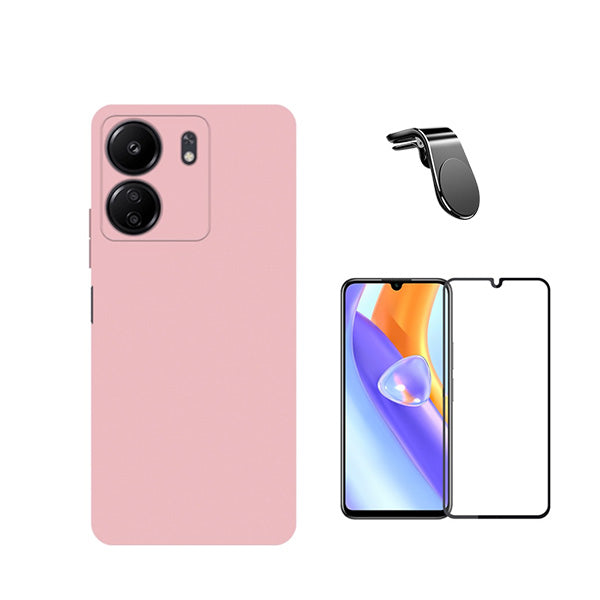 Kit Película de Vidro Temperado GorilasGlass + Capa Proteção Traseira Silicone + Suporte de Carro Magnético L GIFT4ME para Xiaomi Redmi 13C - Rosa
