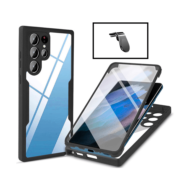Kit Capa 360° Proteção Frente e Verso + Suporte Magnético L para Samsung Galaxy S22 Ultra 5G - Preto