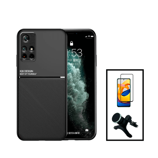 Kit Capa Traseira Magnética Anti Choque + Película de Vidro Temperado GorilasGlass + Suporte Magnético Com Pernas para Xiaomi Poco M4 Pro - Preto