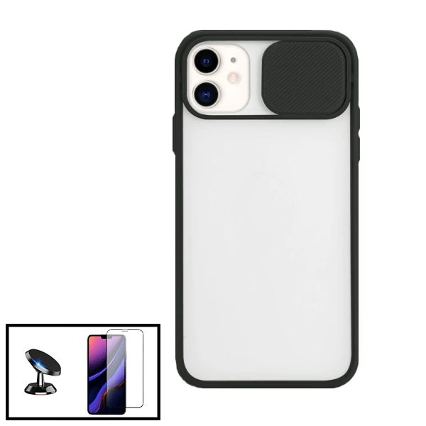 Kit Capa Proteção Camara Deslizante + Película de Vidro Temperado GorilasGlass + Suporte Magnético para Apple iPhone SE 2022 - Preto