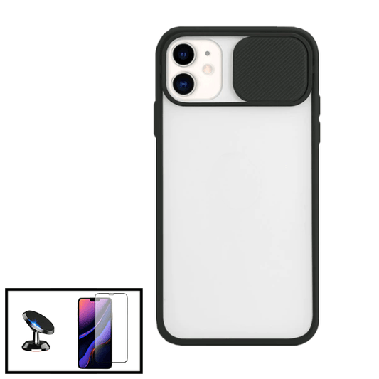 Kit Capa Proteção Camara Deslizante + Vidro Temperado Ceramica Full Cover + Suporte Magnético para Apple iPhone SE 2022 - Preto