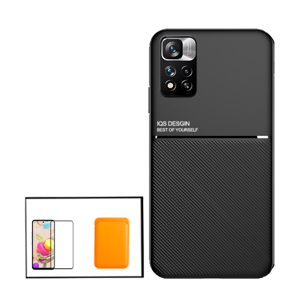 Kit Capa Traseira Magnética Anti Choque + Carteira Magnetica Laranja + Película de Vidro Temperado GorilasGlass para Xiaomi Redmi Note 11E Pro - Preto