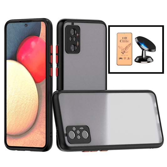 Kit Capa Traseira Proteção Camara + Vidro Temperado Ceramica Full Cover + Suporte Magnético para Xiaomi Redmi Note 10 Pro - Preto