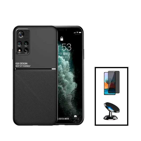 Kit Capa Traseira Magnética Anti Choque + Película de Vidro Temperado Privacidade + Suporte Magnético para Xiaomi Poco X4 Pro 5G - Preto