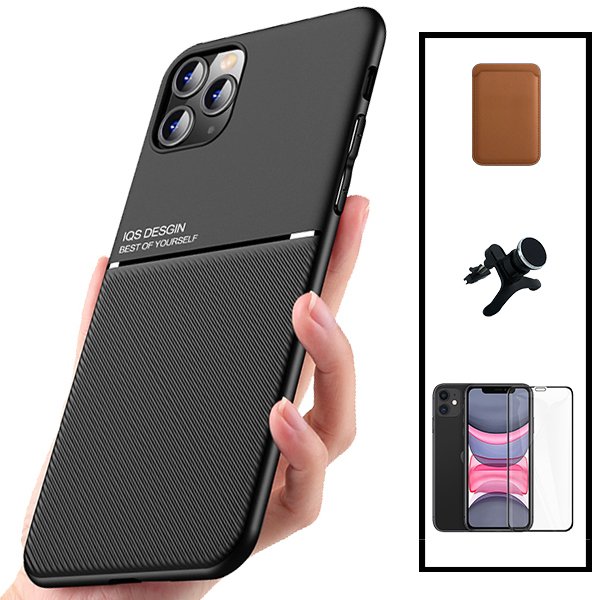 Kit Capa Traseira Magnética Anti Choque + Carteira Magnética Castanho + Película de Vidro Temperado GorilasGlass + Suporte Magnético Com Pernas para Xiaomi Mi 11 Lite