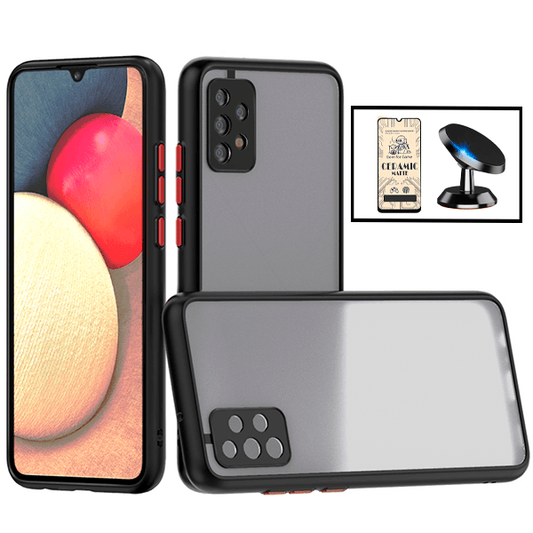 Kit Capa Traseira Proteção Camara + Vidro Temperado Ceramica Full Cover + Suporte Magnético para Samsung Galaxy A32 5G - Preto