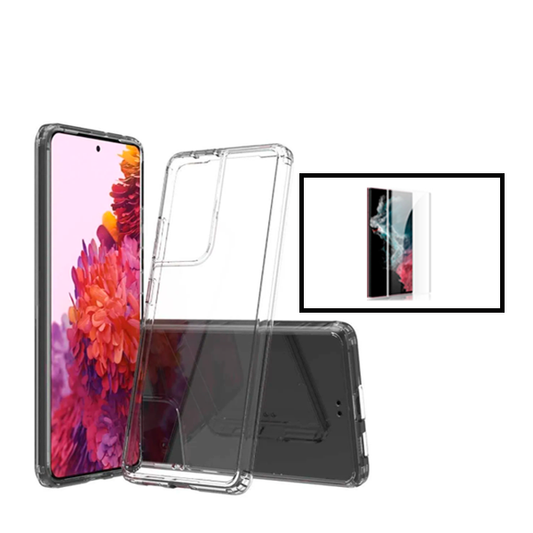 Kit Capa Traseira Super Proteção Transparente para + Película de Vidro Temperado GorilasGlass Curvado para Samsung Galaxy S22 Ultra 5G - Transparente