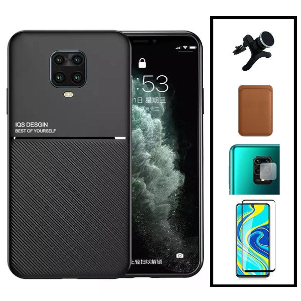 Kit Capa Traseira Magnética Anti Choque + Carteira Magnetica Castanho + Película de Vidro Temperado GorilasGlass + Película Protectora para Câmara Traseira + Suporte Magnético Com Pernas para Xiaomi Redmi Note 10 Lite