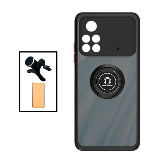 Kit Capa Traseira Proteção Camara + Vidro Temperado Ceramica Full Cover + Suporte Magnético Com Pernas para Xiaomi Poco X4 Pro 5G - Preto