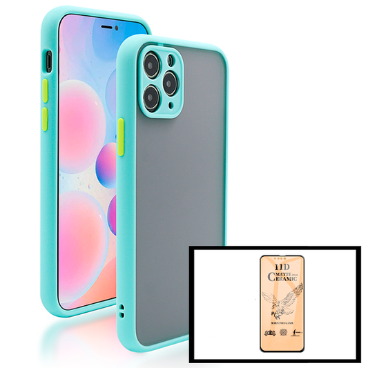 Kit Capa Traseira Proteção Camara + Vidro Temperado Ceramica Full Cover para iPhone 13 - Azul Claro