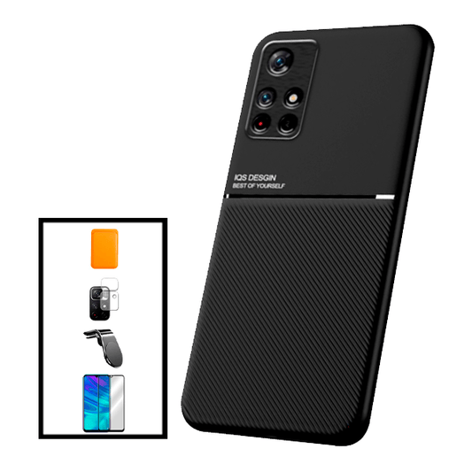 Kit Capa Traseira Magnética Anti Choque + Carteira Magnética Laranja + Película de Vidro Temperado GorilasGlass + Película Protectora para Câmara Traseira + Suporte Magnético L para Xiaomi Poco M4 Pro 5G