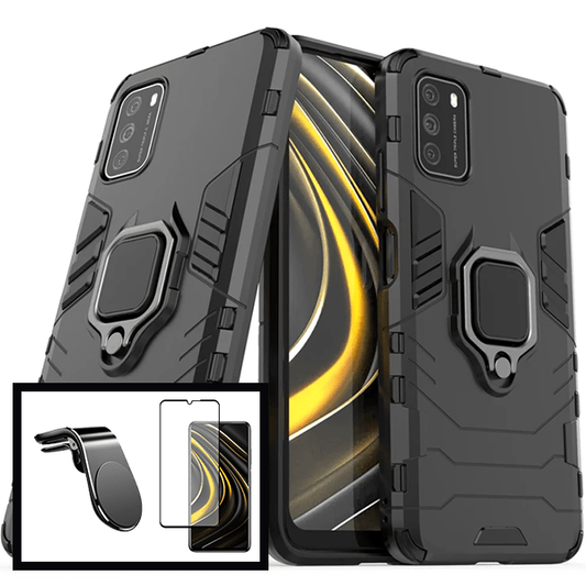 Kit Película de Vidro Temperado GorilasGlass + Capa de Proteção Militar Magnética + Suporte de Carro Magnético L para Xiaomi Poco M3