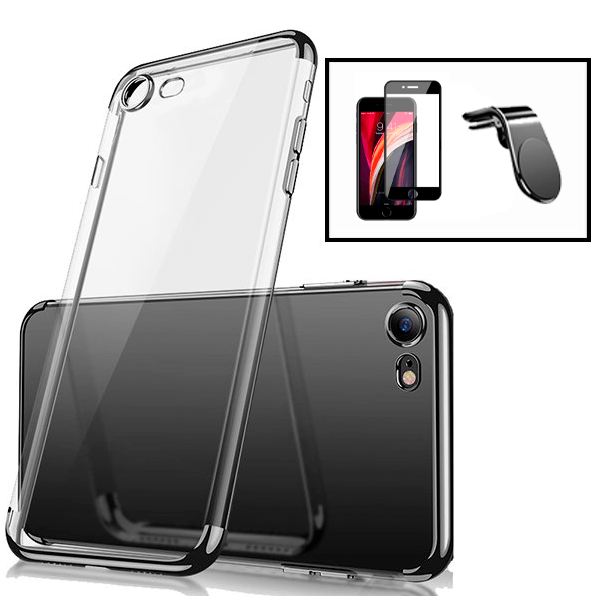 Kit Película de Vidro Temperado GorilasGlass + Capa Proteção Traseira Super Slim + Suporte de Carro Magnético L para Apple iPhone SE 2022 - Preto
