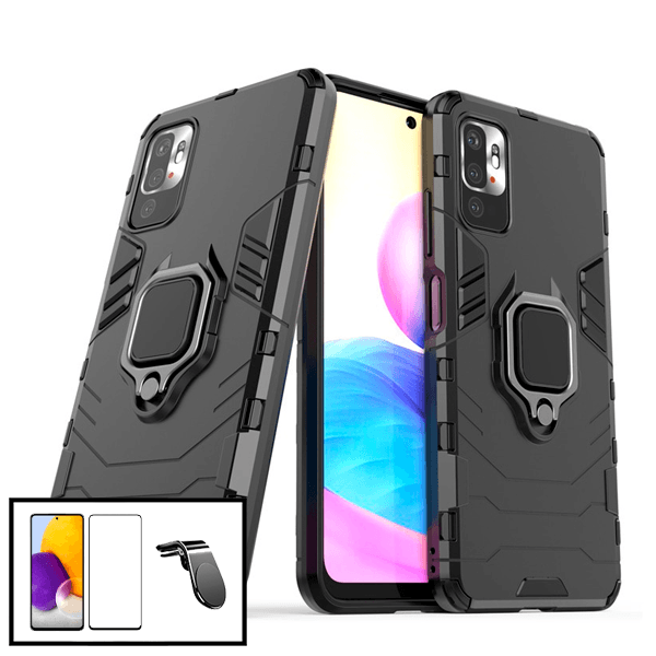 Kit Película de Vidro Temperado GorilasGlass + Capa de Proteção Militar Magnética + Suporte de Carro Magnético L para Xiaomi Redmi 10 2022 - Preto