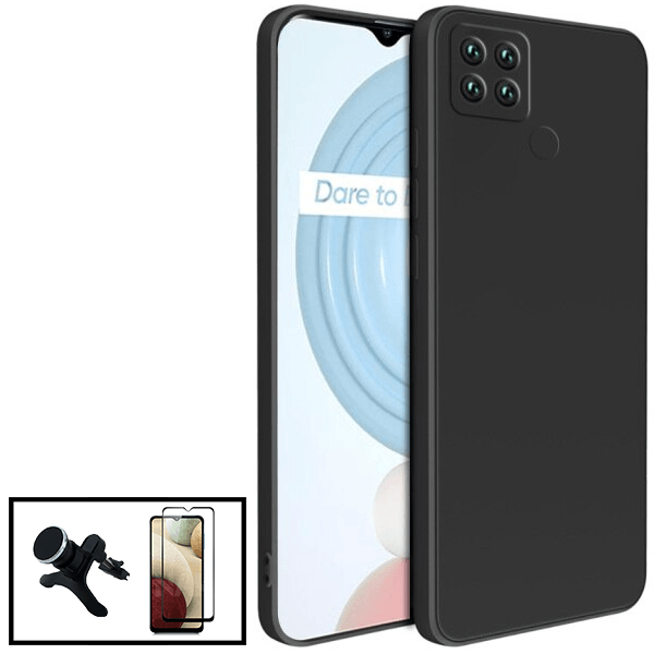 Kit Película de Vidro Temperado GorilasGlass + Capa Proteção Traseira Silicone + Suporte Magnético Com Pernas para Realme C25Y - Preto