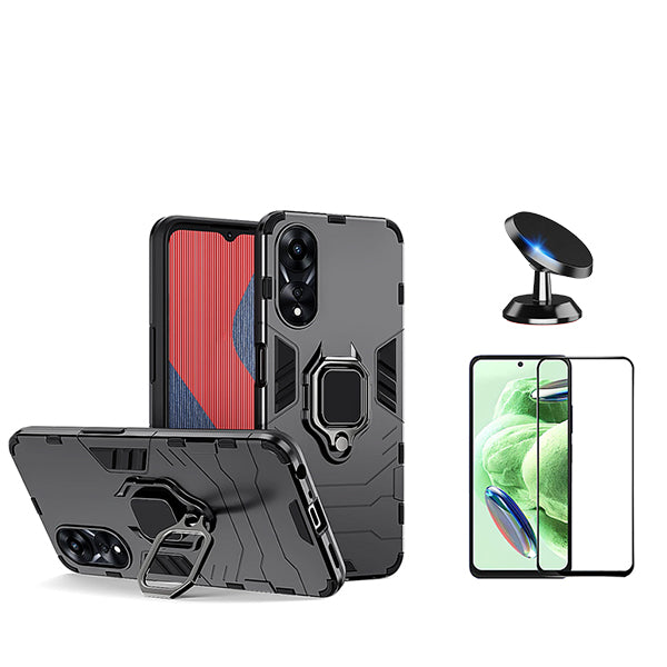 Kit Película de Vidro Temperado GorilasGlass + Capa de Proteção Militar Magnética + Suporte Magnético Phonecare para Oppo A58 4G - Preto