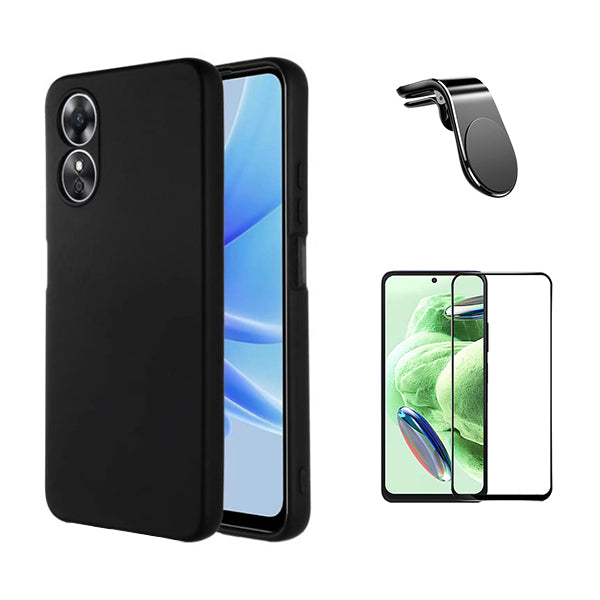 Kit Película de Vidro Temperado GorilasGlass + Capa Proteção Traseira Silicone + Suporte de Carro Magnético L GIFT4ME para Oppo A58 4G - Preto