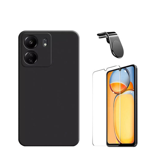 Kit Vidro Temperado ClearGorilasGlass + Capa Proteção Traseira Silicone + Suporte de Carro Magnético L GIFT4ME para Xiaomi Redmi 13C - Preto