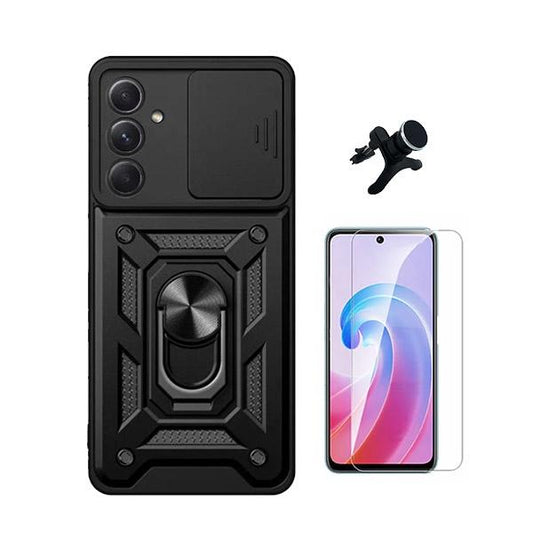 Kit Vidro Temperado ClearGOrilasGlass + Capa de Proteção Militar Magnética Janela Deslizante + Suporte Magnético Com Pernas GIFT4ME para Samsung Galaxy A35 5G - Preto