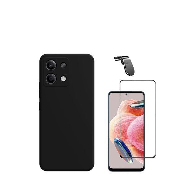 Kit Película de Vidro Temperado GorilasGlass + Capa Proteção Traseira Silicone + Suporte de Carro Magnético L GIFT4ME para Xiaomi Redmi Note 13 4G - Preto