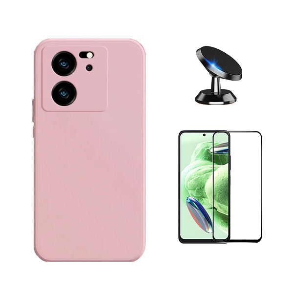 Kit Película de Vidro Temperado GorilasGlass + Capa Proteção Traseira Silicone + Suporte Magnético GIFT4ME para Xiaomi 13T Pro - Rosa