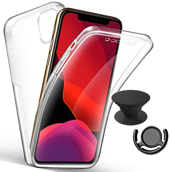 Kit Capa 360° Proteção Frente e Verso + 1 HandHolder + 1 Suporte HandHolder Preto para Apple iPhone 14 - Transparente/Preto