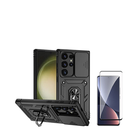 Kit Película de Vidro Temperado GorilasGlass Curvado + Capa de Proteção Militar Magnética Janela Deslizante GIFT4ME para Samsung Galaxy S24 Ultra 5G - Preto